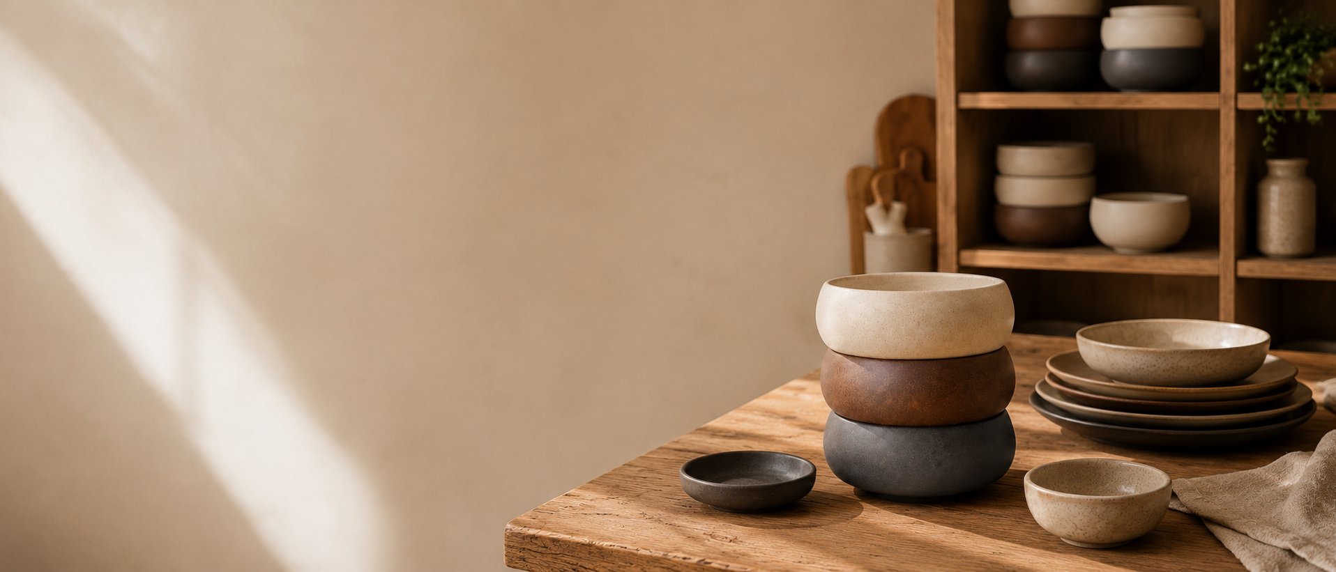 Gongyo ceramic bowls stacked on a wooden table, warm natural light